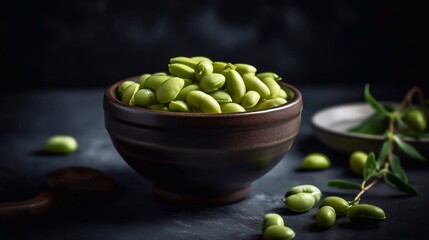  Close up fava beans in bowl on dark background. Raw Organic Fresh Green Fava Beans. AI generated
