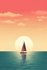 Sailboat out on the ocean, vector, retro aesthetic, illustration