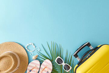 Vacation time concept. Top view flat lay of trendy yellow suitcase sunhat flip flops sunglasses...