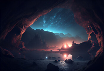 Alien landscape with mountains made with Generative AI 