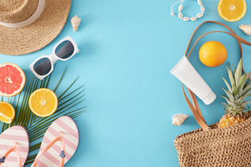 Summer leisure concept. Top view flat lay of stylish bag, flip flops, sunhat, sunscreen bottle,...