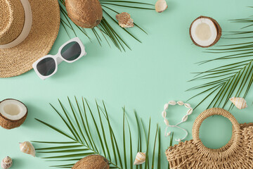 Fototapeta na wymiar Summer trend concept. Top view flat lay of stylish bag, sunhat, shell bracelet, sunglasses, coconuts and palm leaves on turquoise background with empty space for text or advert