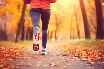 Back view of close-up of a womans leg running in autumn park. Generative AI