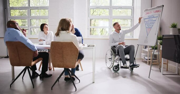 Wheelchair And Disability At Office. Giving Presentation