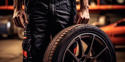 Tire at repairing service garage background. Technician man replacing winter and summer tire for safety road trip. Transportation and automotive maintenance concept.