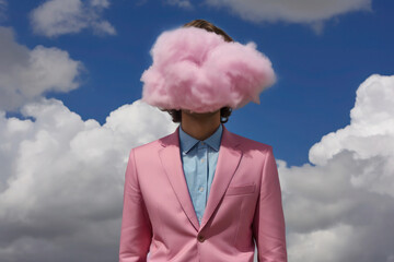 a cloud near the head of a man in a pink business suit. art, minimalism, dark sky. surreal art. AI generative