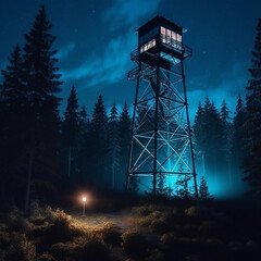 Watchtower at night in a wooded area. Created using ai generative. 