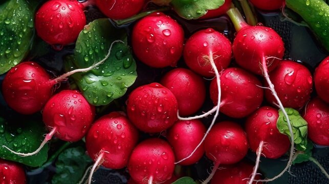 Freshly harvested red radishes, background. Fresh organic radish bunch. AI generated