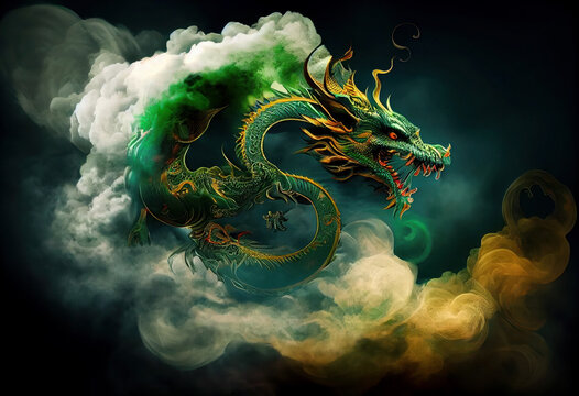 Traditional Asian dragon, clouds, gold on green background. 2024 Chinese New Year. illustration and art. AI generative
