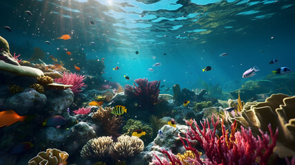 Naklejka na ściany i meble Underwater life of the ocean. Coral reefs. Fish.
