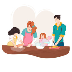 happy family cooking together.Vector illustration. Digital detox day, family day, siblings day.
