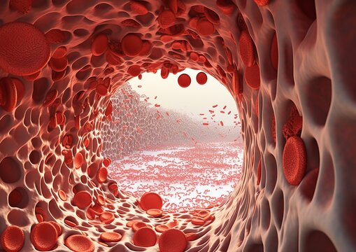 Macro View of Red Blood Cells in Blood Vessel. Generative AI.