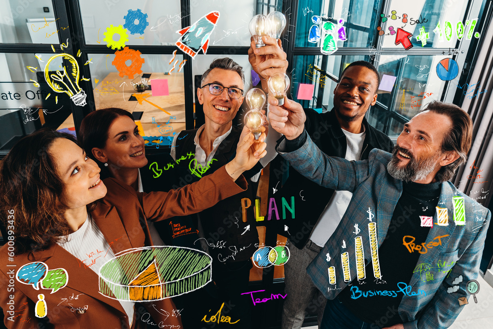 Poster teamwork and brainstorming concept with businessmen that share an idea with a lamp