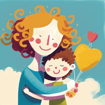 A mother and her son hugging each other. A mother's day special Generative AI illustration.