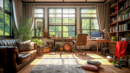 Fototapeta premium An Office with a Couch and Desk, in the Style of Highly Detailed Environments. AI Generated Image.