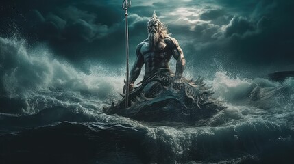 Poseidon, the Fierce Deity of the Seas and Weather in Greek Mythology by Generative AI - obrazy, fototapety, plakaty