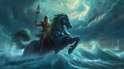 Poseidon, the Fierce Deity of the Seas and Weather in Greek Mythology by Generative AI - obrazy, fototapety, plakaty