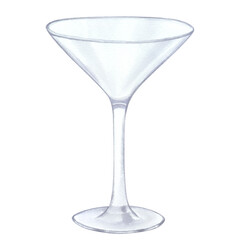 Empty transparent glass tumbler for martini, alcoholic drinks, cocktail. Hand drawn watercolor illustration isolated on white background. Design element for bar and restaurant menu, recipes, flyers