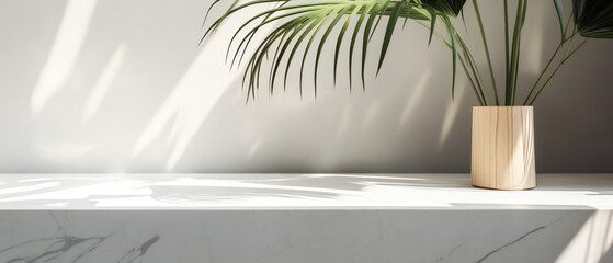 Modern minimal empty white marble stone counter table top, palm tree in sunlight, leaf shadow on concrete wall background for luxury organic cosmetic. Generative ai