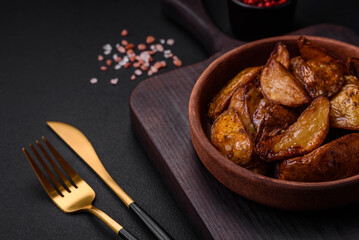 Delicious grilled potato slices with garlic, spices and herbs