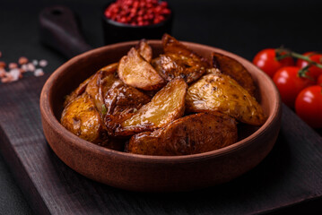 Delicious grilled potato slices with garlic, spices and herbs