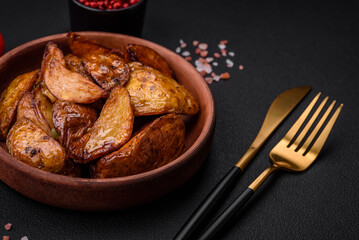 Delicious grilled potato slices with garlic, spices and herbs