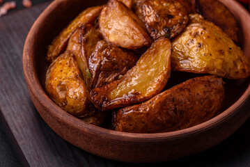 Delicious grilled potato slices with garlic, spices and herbs