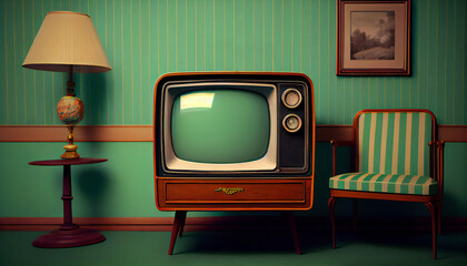 Retro television from the fifties, old fashioned vintage room with armchair, generative AI