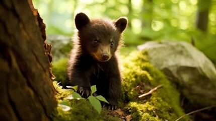 Fototapeta premium A baby bear cub exploring its environment. AI generated