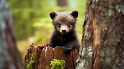 A baby bear cub exploring its environment. AI generated