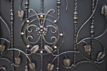 forged elements on the entrance gate. entrance gate with decorative metal patterns. a pattern with flowers and leaves made of metal in close-up.