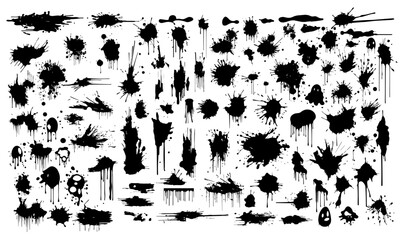 Black ink spots set on white background. Ink illustration.