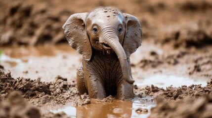 A baby elephant playing in the mud. AI generated