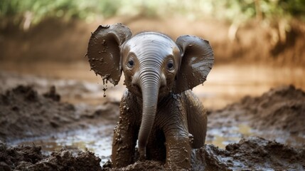 Fototapeta na wymiar A baby elephant playing in the mud. AI generated
