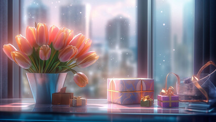 A window with a view of an empty city scene with vases and gifts. Generative AI