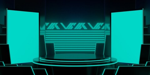 gaming esports background abstract wallpaper, cyberpunk style scifi game, stage scene in pedestal display room, neon glow light, 3d illustration rendering