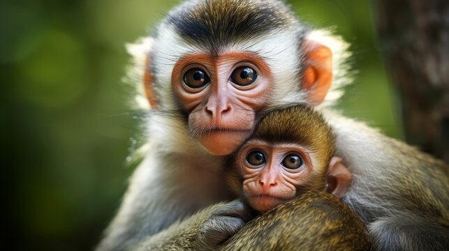 A baby monkey clinging to its mothers back. AI generated