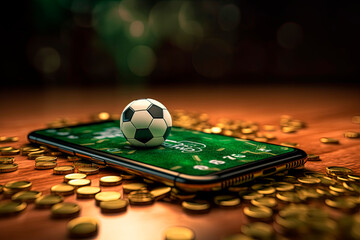 Virtual sports betting on soccer using smartphone, currency and ball. Generative AI