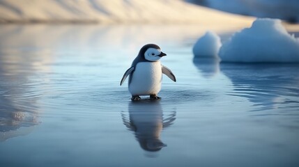 Fototapeta premium A baby penguin learning to waddle on the ice. AI generated