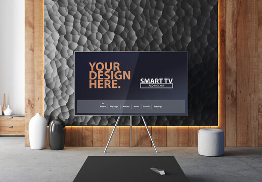 Smart Tv Mockup on metal stand in modern living room with wooden wall
