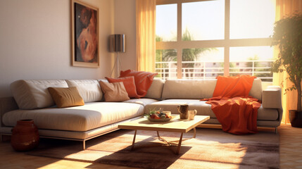 Modern bright friendly living room in front of a window with cushions in front of it, a coffee table on a carpet, the city backdrop can be seen through the window