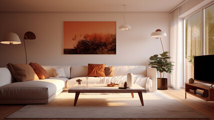 Modern bright friendly living room in front of a window with cushions in front of it, a coffee table on a carpet
