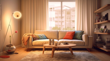 Modern bright friendly living room in front of a window with cushions in front of it, a coffee table on a carpet, the city backdrop can be seen through the window