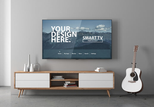 Smart Tv mock up with white acoustic guitar in modern room