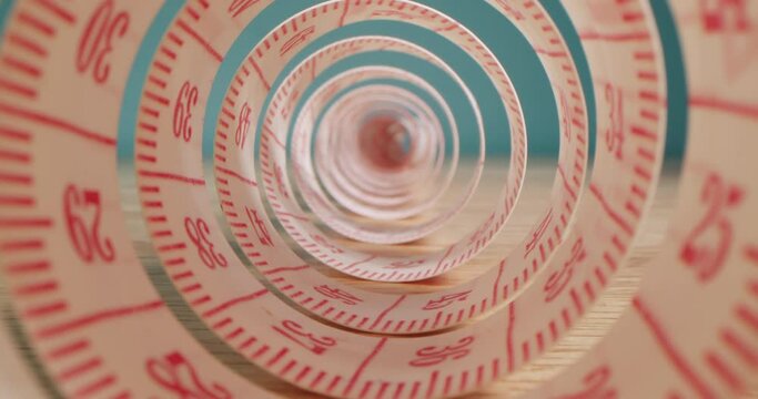 Super macro shot of a measuring tape into a roll of sewing and colored thread on the background stand.Garment factory. Needle, threads,measuring tape,spools of colored threads are visible in frame. 4K