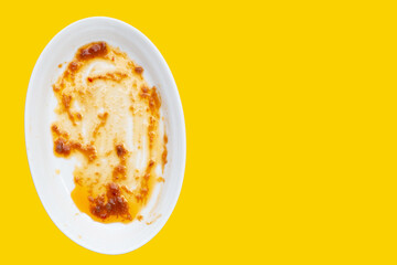 Dirty dish on yellow background. Top view
