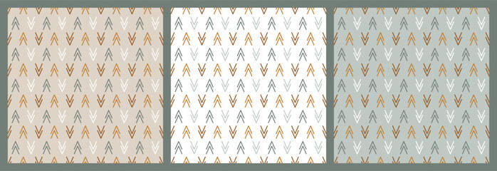 Set of Abstract Ethnic Seamless Patterns. Double triangles Wallpaper. Check mark. Boho Herringbone pattern. Tribal Geometric Earth color Background.