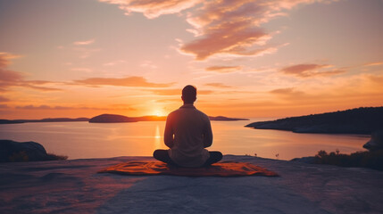 Back view of a man sitting in yoga pose in the sundown with a lake and mountains in front of him