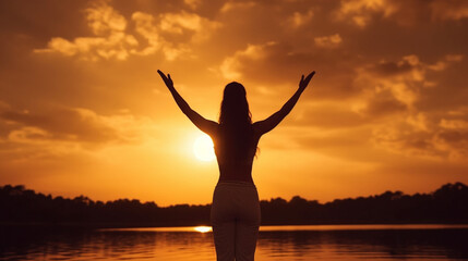 Back view of a womanstanding in yoga pose in the sunrise with a lake in front of arms stretched upwards
