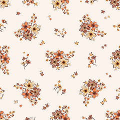 Flower Bouquets Vector Seamless Pattern. Simple Flower Garlands. Ditsy Fashion Print. Millefleurs Liberty Style Floral Design. Blooming Meadow. Wildflowers Vintage Background